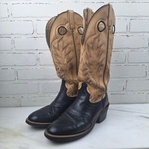 Vtg Hand Tooled Leather Tall Western Cowboy Boots,  8.5D